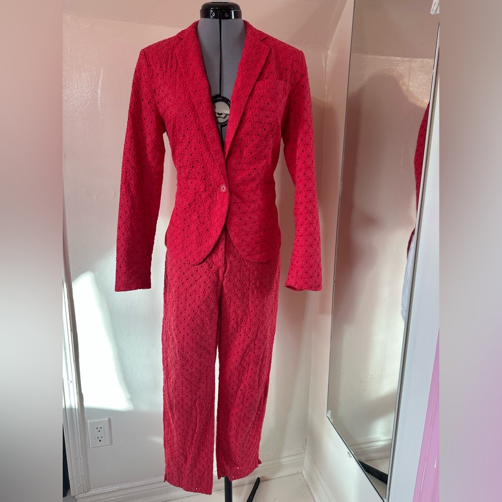 Joe Fresh Red Eyelet Cotton Blazer & Pants Set Two Piece Cotton Suit Size 10